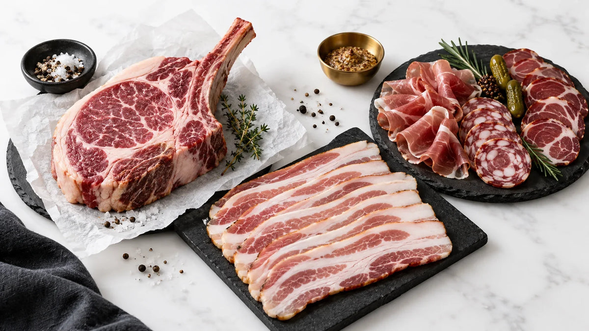 Curated selection of marbled Mangalitsa pork, bacon and charcuterie on white marble