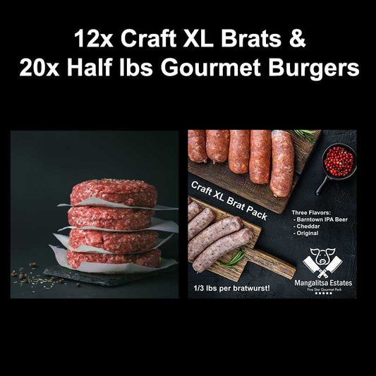 12 Craft XL Brats & 20 Gourmet Burgers