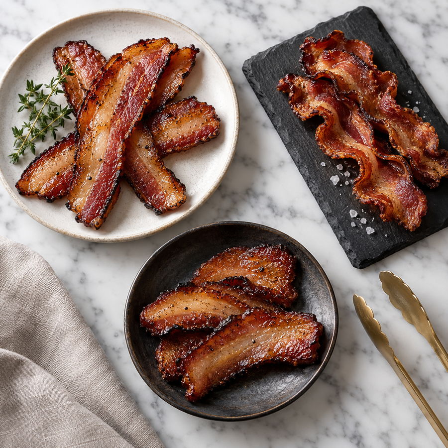 Serving recommendation: Thick-cut Mangalitsa bacon tasting on white marble