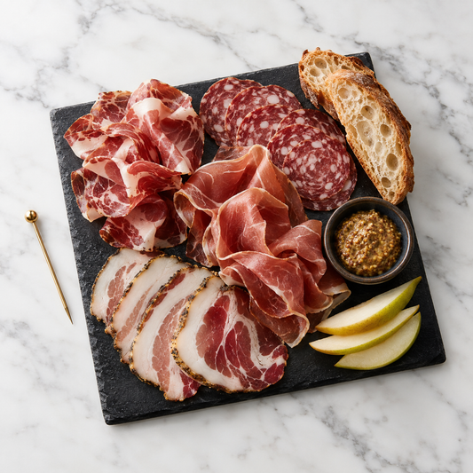 Serving recommendation: Cella’s Reserve inspired Mangalitsa charcuterie board on white marble