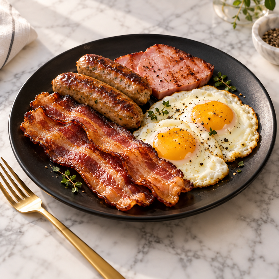 Serving recommendation: Mangalitsa bacon, sausage, ham and eggs breakfast on white marble
