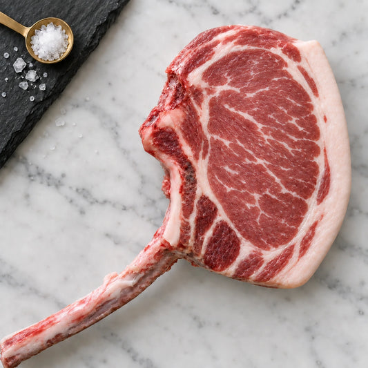 Raw Mangalitsa tomahawk pork chop on white marble