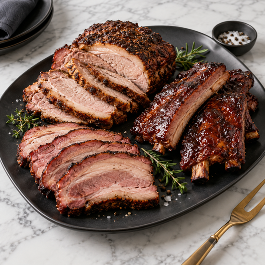 Serving recommendation: Grilled and slow-cooked Mangalitsa pork serving inspiration on white marble