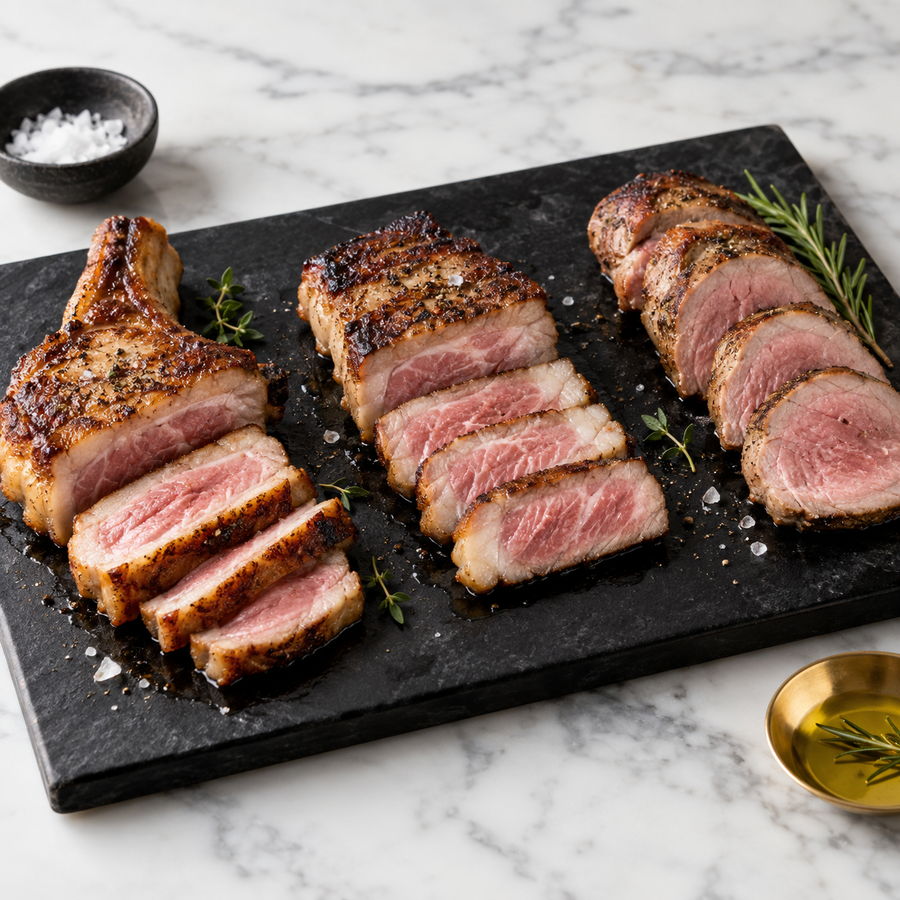 Serving recommendation: Cooked Mangalitsa pork steak tasting flight on white marble