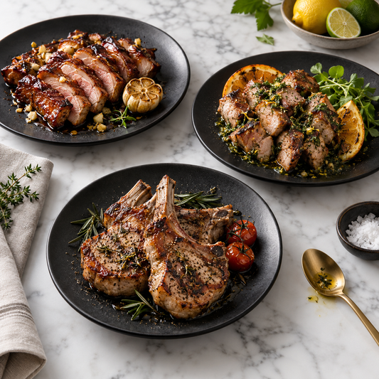 Serving recommendation: Three globally inspired Mangalitsa pork preparations on white marble