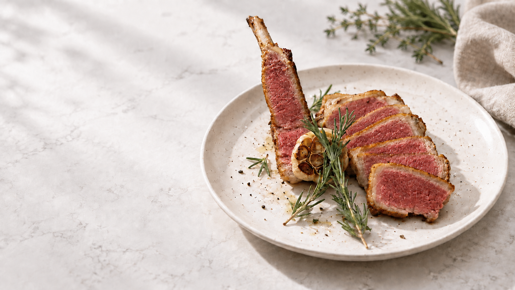AI concept showing sliced reddish-rose pork chop on a white plate with rosemary and garlic