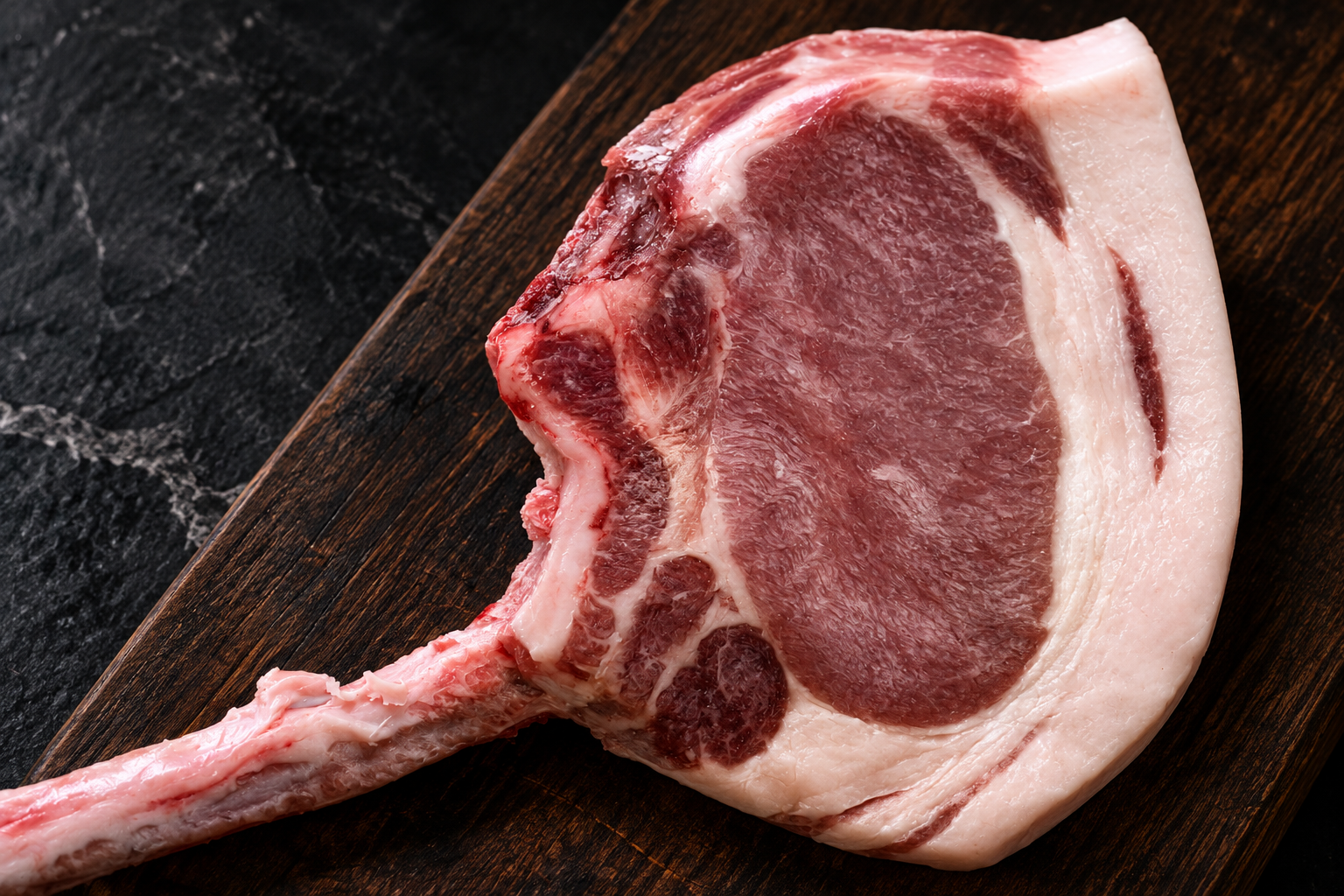 Raw detail Mangalitsa Tomahawk Pork Chop concept