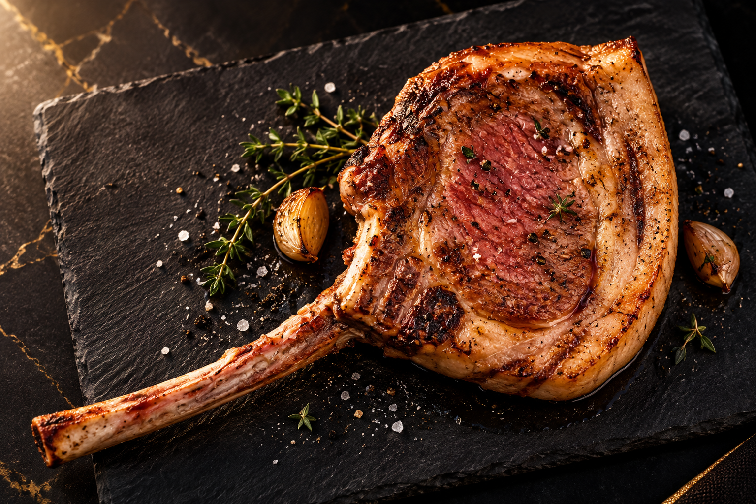 Cooked serving Mangalitsa Tomahawk Pork Chop concept